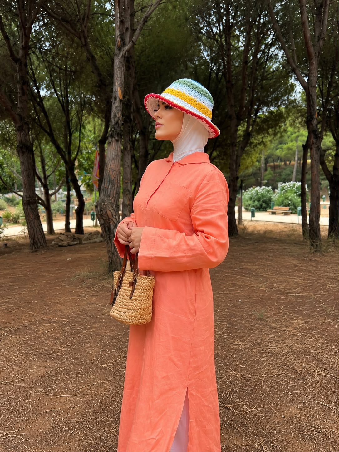 linen long hooded chemise -STD PEACH