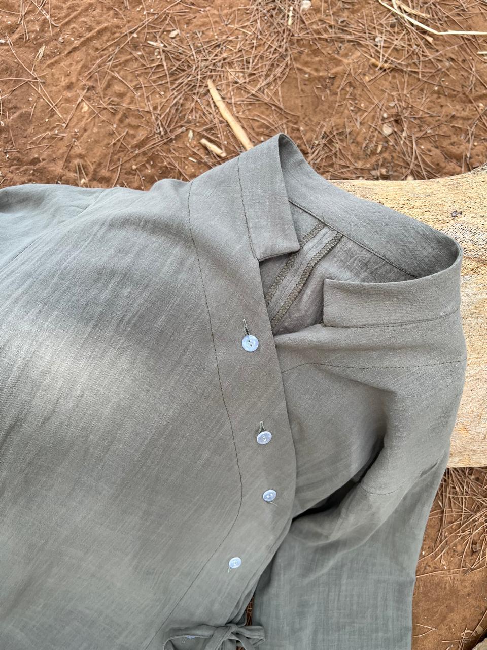 Linen Asymmetric Wrap Blouse-OLIVE
