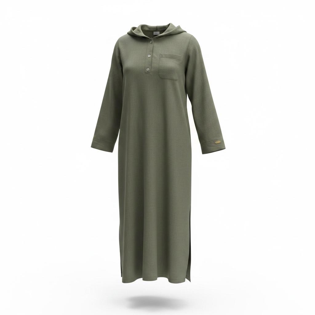 linen hooded long chemise-STD OLIVE
