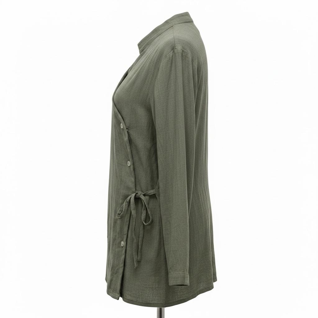 Linen Asymmetric Wrap Blouse-OLIVE