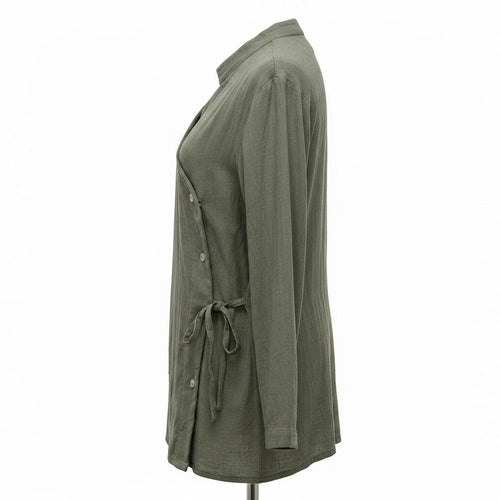 Linen Asymmetric Wrap Blouse-OLIVE