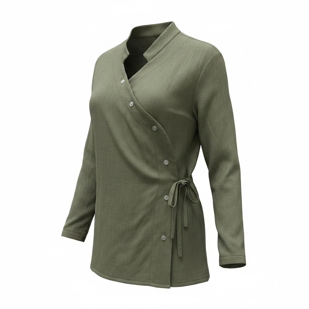 Linen Asymmetric Wrap Blouse-OLIVE